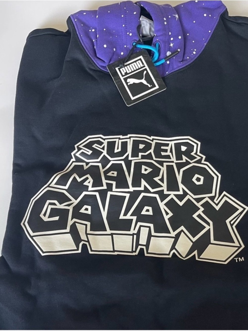 Puma XL Black Hoodie with Purple Starred Hood and Super Mario Galaxy Print